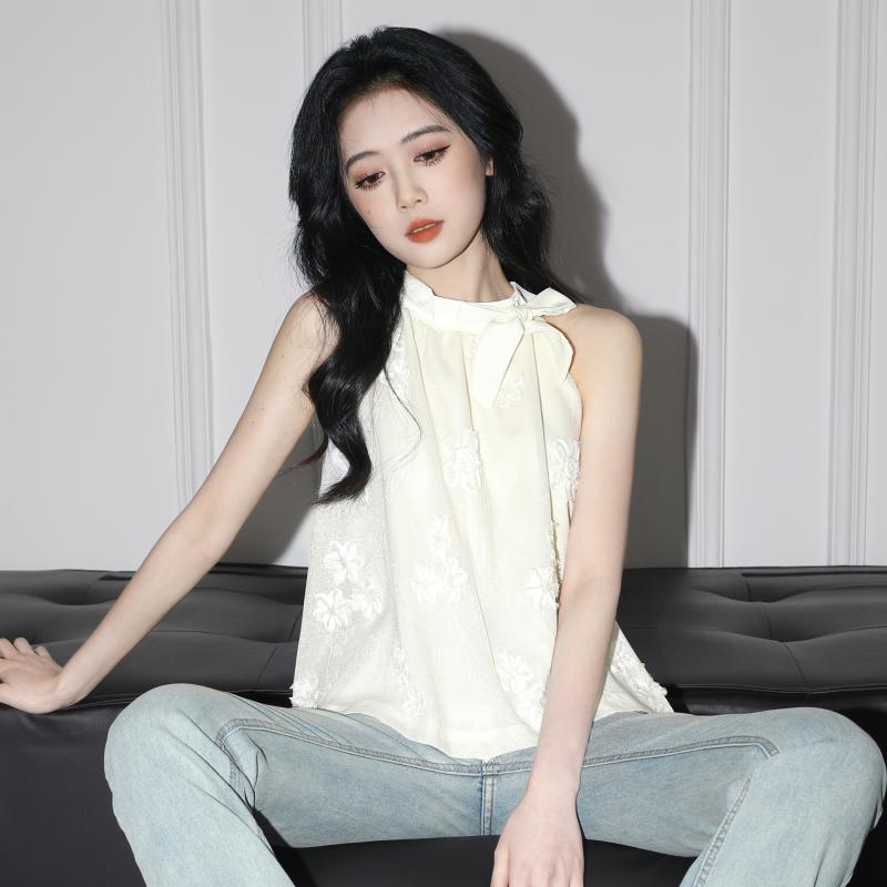 レディース 女性用 フレンチスタイル ホルターネック オフショルダー 肩出し ノースリーブ リボン デザイン ドールブラウス ショート丈 ブラウス シャツ(4)