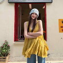 韓国風 こだわりデザイン 個性的 黄色 イエロー Vネック ノースリーブ 袖なし タンクトップ ベスト 女性用 レディース 夏 サマー カジュアル 万能 着回し ゆったり ルーズ 細見え スタイルアップ トップス ブラウス