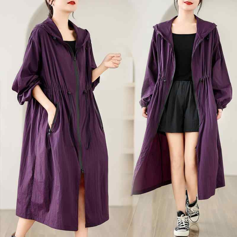 大きいサイズ レディース 夏用 パープル UVカット ロング丈 パーカー 日焼け対策 薄手 フード付き ドローストリング ウエスト絞り おしゃれ 着回し抜群 ライトアウター