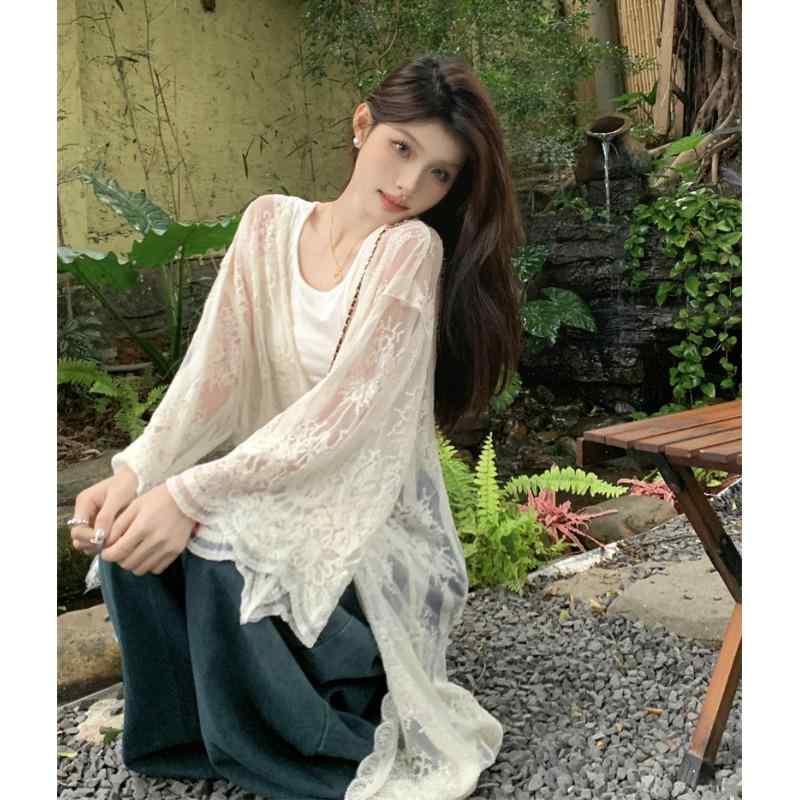 リゾートスタイル バカンス風 レース 透かし編み ゆったりサイズ ビッグシルエット UVカット 紫外線対策 日焼け防止 冷房対策 エアコン対策 カーディガン 精巧な刺繍 カジュアル 着回し力抜群 ミドル丈 長め丈 羽織り 上着