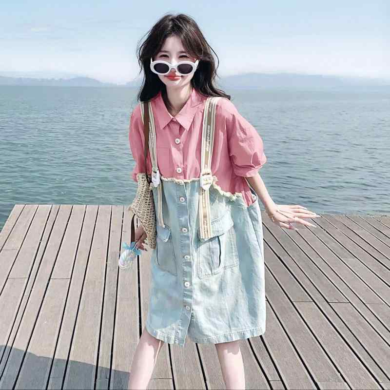 ピンク色 シャツ ドッキング フェイクツーピース デニム ワンピース 女性用 レディース 夏物 サマー 小柄 低身長 カジュアル リラックス 若見え エイジレス Aライン ドレス