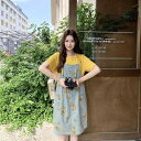 黄色 イエロー 韓国風 ファッション レディース 女性用 半袖 ショートスリーブ Tシャツ カットソー 夏 サマー プリント柄 デニム生地 ジャンパースカート サロペットワンピース 2点セット 上下セット