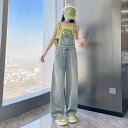 レディース 女性用 ハイウエスト ワイドレッグ デニム ジーンズ Gパン サロペット オーバーオール オールインワン つなぎ 春秋 ストレート フルレングス ロング丈 韓国風 着痩せ スタイルアップ 体型カバー