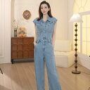 リラックス感 ゆったり ノースリーブ ブルー デニム オールインワン サロペット レディース 女性用 韓国風 着痩せ効果 スタイルアップ 着回し抜群 ストレートシルエット(4)