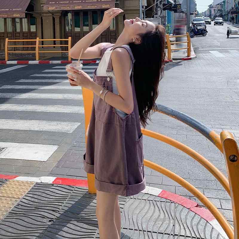 紫 デニム サロペット レディース 夏用 韓国風 オルチャン ハイウエスト 着痩せ 細見え 小柄 低身長さん向け ゆったり ワイドレッグ オーバーオール オールインワン コンビネゾン 女性用