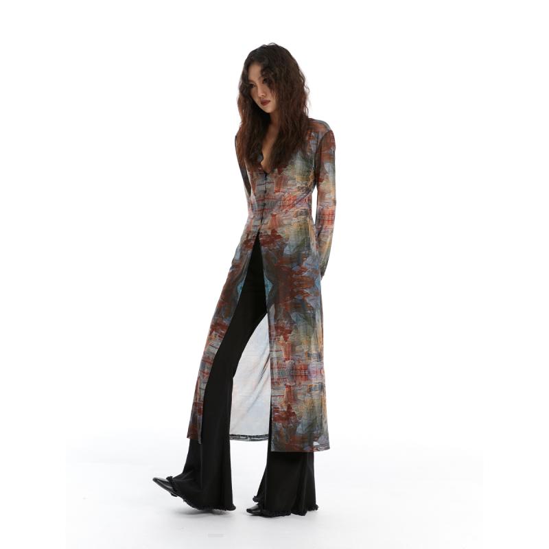 レディース 女性用 レトロ ビンテージ調 油彩画風プリント メッシュ シアー素材 ロング丈 UVカット 紫..