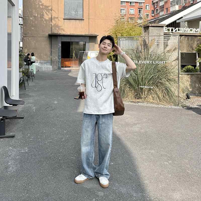 オフホワイトとグレーの ロゴプリント クルーネック 半袖Tシャツ ティーシャツ メンズ 男性用 夏 新作 ..