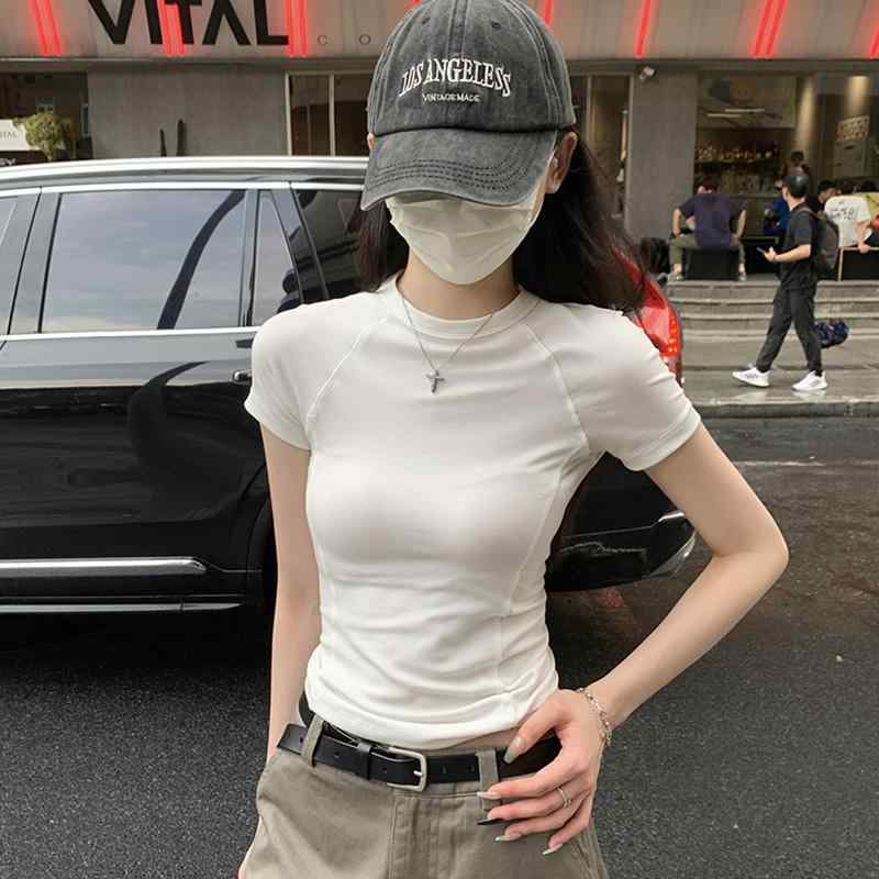 ホワイト 白 レディース 女性用 半袖 ショートスリーブ セットイン袖 Tシャツ カットソー 夏 サマー タイトフィット スリム 体型カバー 着痩せ 小柄 低身長向け Sサイズ対応 ショート丈 丈短め クロップド丈 トップス