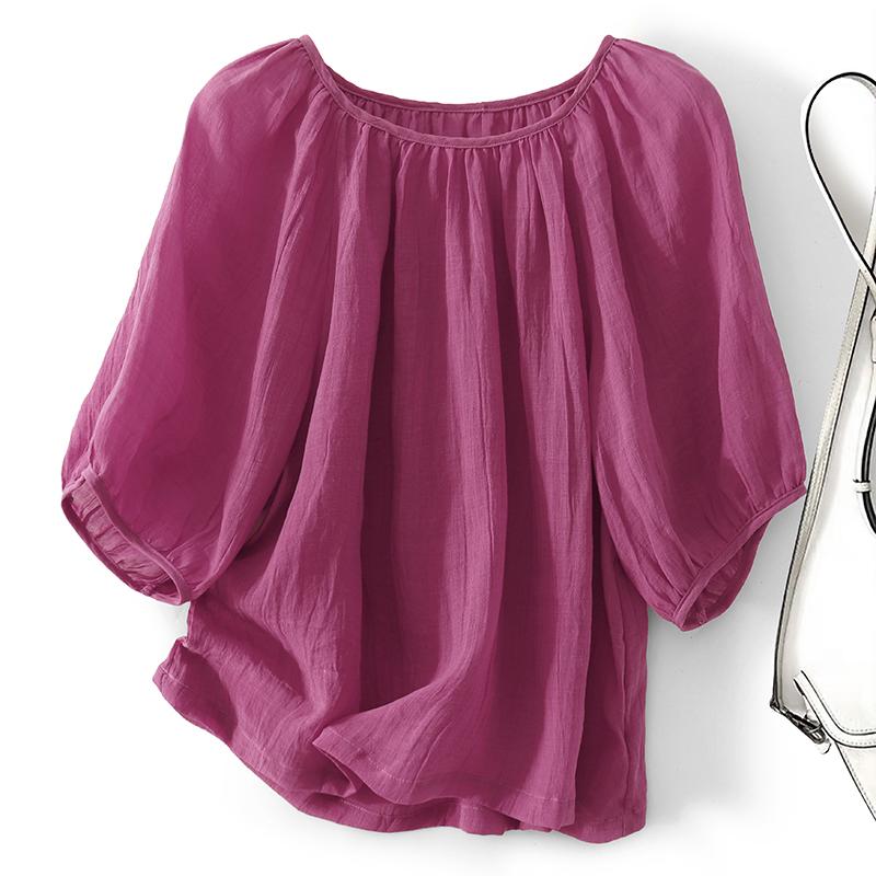 レトロ ヴィンテージ 薔薇色 ローズピンク 綿麻 五分袖 シャツ ブラウス レディース 女性用 夏 サマー 上質 上品 おしゃれ 着回し 万能 ゆったり リラックス カジュアル 若見え エイジレス トップス 上着