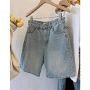 ライトブルー 水色 デニム ショートパンツ 女性用 レディース 夏物 新作 おしゃれ ファッション 大きいサイズ ゆったり 梨型体型カバー 着痩せ 細見え ハイウエスト ストレート 五分丈 ハーフパンツ(4)