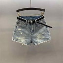 レトロ ヴィンテージ ブルー 青 ダメージ加工 穴あき フリンジ 切りっぱなし デニム ジーンズ ショートパンツ ホットパンツ レディース 女性用 ハイウエスト ハイライズ 着痩せ スタイルアップ Aライン ワイドレッグ ゆったりシルエット(4)