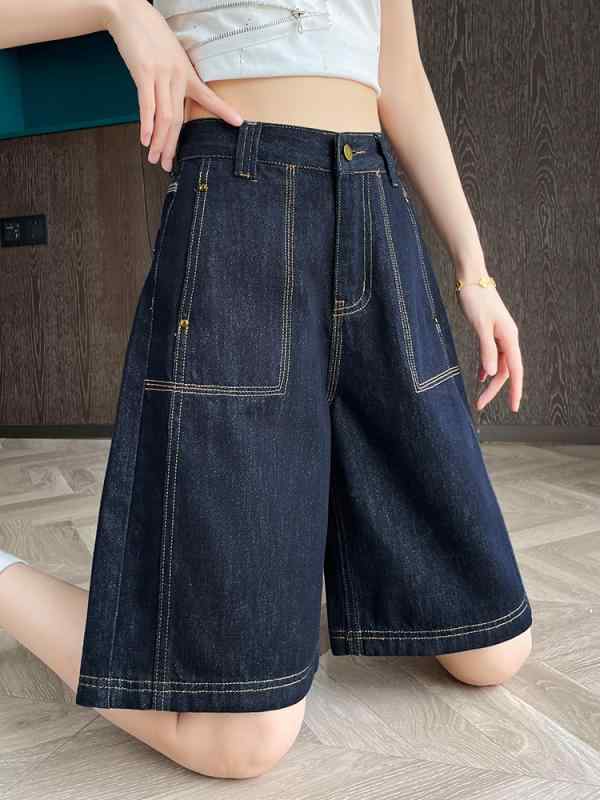 レディース 女性用 デニムブルー 五分丈 ワイド ガウチョ ショートパンツ 薄手 ゆったり 楽ちん 小柄 低身長 向け 体型カバー 着痩せ 六分丈 クロップド ミドル丈 パンツ