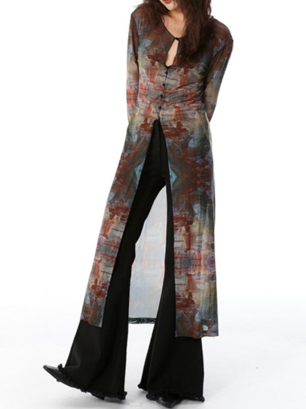 女性用 アメカジ風 レトロ 油絵タッチ メッシュ素材 シアー 薄手 カーディガン 春夏 UV対策 日焼け防止 スタイルアップ効果 ウエストシェイプ ロング丈 羽織り アウター 上着