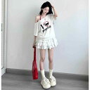 夏用 小柄 低身長 レディース カジュアル スポーティ おしゃれなセットアップ ワンショルダー 半袖 ティアードスカート 細見え 若見え効果 上下二点セット