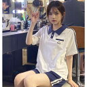 女性用 レディース 小柄 低身長向け 夏物 可愛い キュート プレッピースタイル 学生風 カジュアル スポーツウェア アクティブウェア 上下セット 半袖ポロシャツ ショートパンツ ランニング 運動着 ツーピース セットアップ|詳細画像