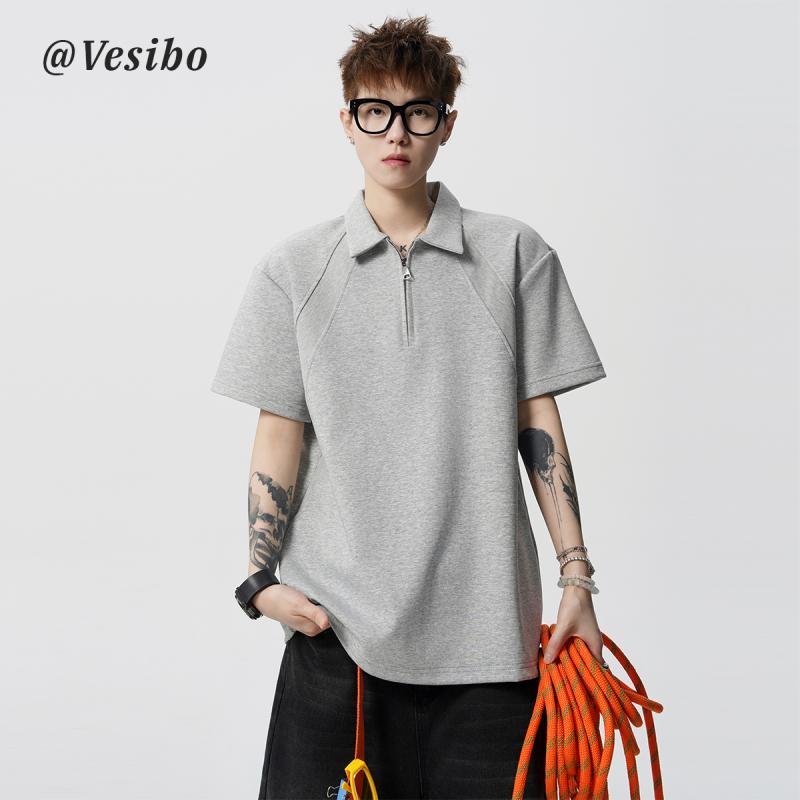 高級感あふれる上質なヘビーウェイト厚手Tシャツ メンズ半袖ハーフジップポロシャツ型切り替えデザイン..