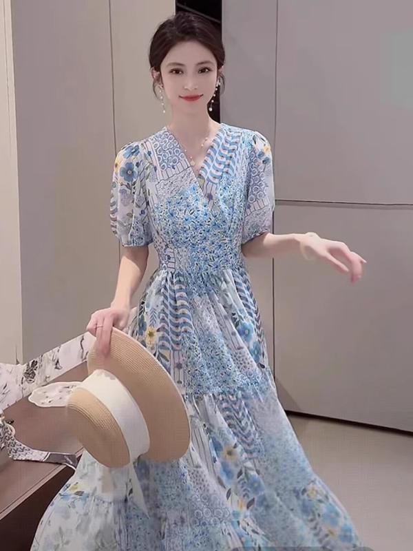 超可愛い 素敵な 独特な 小花柄 花柄プリント パフスリーブ ボリューム袖 フレンチスタイル フランス風 リゾート バカンス 旅行 お出かけ 女性用 レディース 膝下丈 ミディ丈 ワンピース ドレス(4)