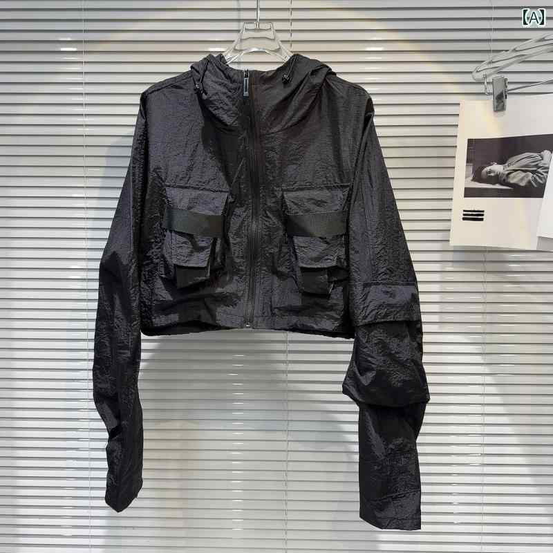 インフルエンサー 愛用 人気 モデル 同型 夏物 新登場 個性的 スパイシーガール風 ワークテイスト カーゴポケット デザイン UVカット 紫外線対策 薄手 軽量 フード付き ショート丈 アウター ブルゾン トレンド