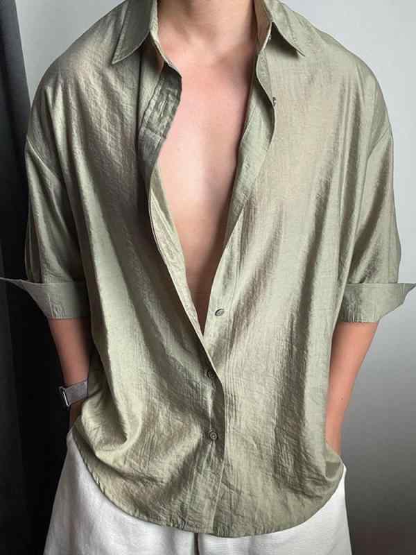 メンズ 男性用 夏物 グリーン 緑色 麻調 リネンライク 軽量 薄手 通気性抜群 接触冷感 涼感 クールタッチ 速乾 ドライ UVカット 紫外線対策 日焼け防止 五分袖 ハーフスリーブ シャツ トップス 大人 上質 高級感