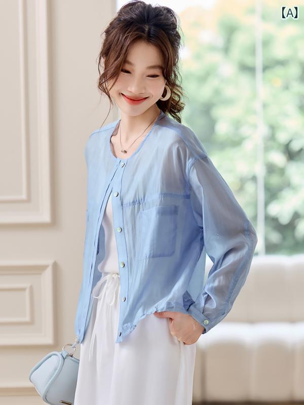 リヨセル素材 紫外線対策 UVカット 薄手 軽量 レディース 女性用 夏物 シャツ ブラウス 小柄向け 低身長向け ショート丈 短め 羽織り アウター トップス 上着