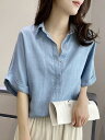女性用 婦人服 夏物 サマー テンセル デニム コットン 薄手 シャツ ブラウス 半袖 ゆったり リラックスフィット 青 ブルー 文芸風 レトロ調 上品なデザイン 羽織り ライトアウター