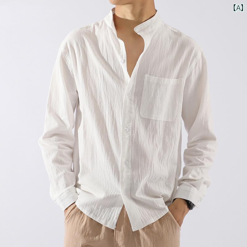 男性用 長袖シャツ 夏 春秋対応 スリムフィット 薄手 麻混 コットンリネン 無地 カジュアル 和風 レトロ ヴィンテージ ワークスタイル 作業服