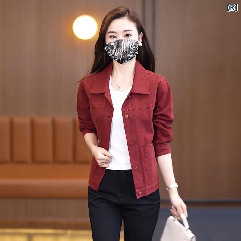 レディース 女性用 ショート丈 春秋新作 カジュアル ウォッシュ加工 コットン ジャケット ブルゾン トレンド ゆったり 着痩せ スタイルアップ アウター 春物