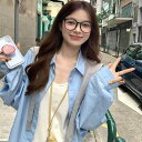 韓国風ファッション 個性的 で 人とかぶらない 素敵な 青色 ブルー 襟付き 開襟 ブラウス シャツ レディース 女性用 春秋対応 ゆったり オーバーサイズ カジュアル リラックス 上着 アウター 羽織り|詳細画像