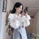 韓国 ファッション 上品 エレガント 洗練された 大人可愛い 個性的なデザイン フレンチシック 秋の新作 無地 フリル リボンタイ ベルスリーブ ゆったり シルエット ブラウス シャツ
