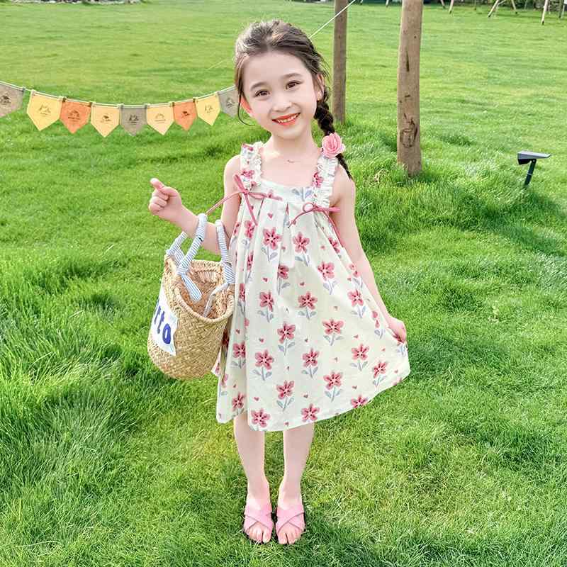 子供服 女の子 女児 キッズ 夏物 サマーウェア 韓国風 おしゃれ プリンセス お姫様 可愛い 小花柄 フラワー キャミソール 吊りワンピース ドレス フレア Aライン ノースリーブ カジュアル