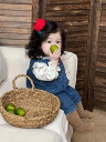 ベビー赤ちゃん女の子 春秋物 ノースリーブ デニム サロペット オーバーオール 刺繍入り 小花柄 ブラウス シャツ ロンパース カバーオール 韓国風 2点セット セットアップ