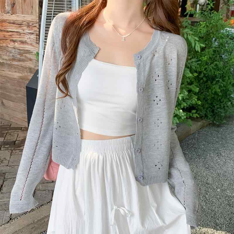 グレー 薄手 シアー 透け感 レディース 女性用 婦人 サマー 夏用 冷房対策 エアコン対策 クーラー対策 UVカット 紫外線対策 日焼け防止 カーディガン 羽織り ニットアウター キャミソールワンピース 上着