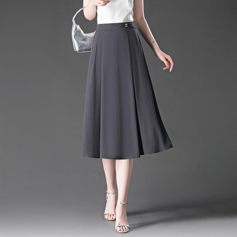 グレー きれいめ スーツ生地 レディース 女性用 オフィス 夏物 薄手 軽量 ハイウエスト ウエスト高め フレア プリーツ Aライン 台形 スカート 小柄 低身長向け プチサイズ ボトムス