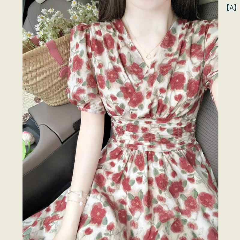 レトロ ヴィンテージ フレンチスタイル レッド 赤 小花柄 Vネック ワンピース ドレス レディース 女性用 夏 サマー 新作 海辺 リゾート バカンス 上品 エレガント ウエストマーク Aライン ロング丈
