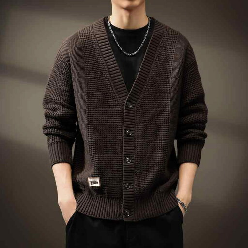 アメリカンヴィンテージ レトロ アメカジ ヘビーウェイト 厚手 肉厚 Vネック カーディガン ニット セーター 男性用 メンズ 秋物 秋冬 ゆったり ルーズフィット オーバーサイズ トレンド ファッション カジュアル リラックス アウター 上着 羽織り