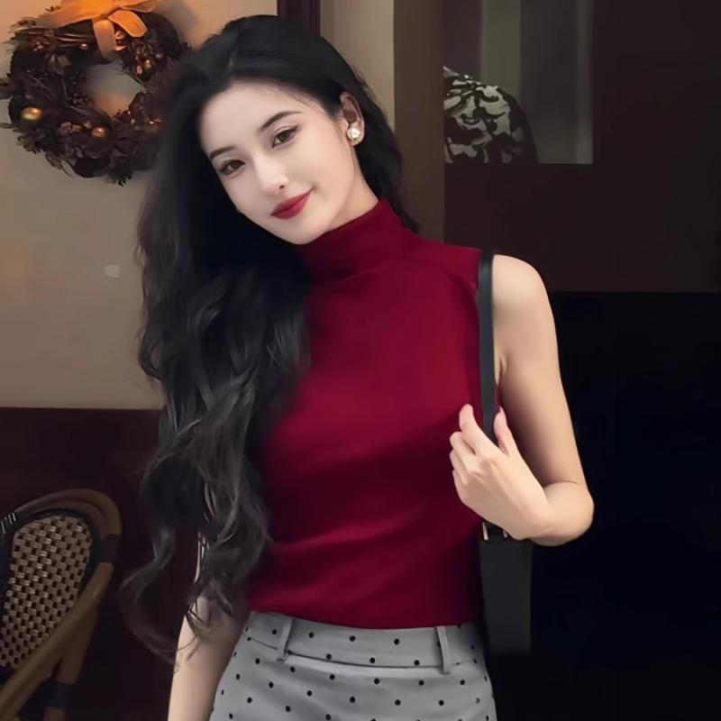 ハイネック ノースリーブ 細身 スリム レッド 赤 アウター タンクトップ ベスト 春夏新作 レトロ クラシック エレガント 上品 大人 きれいめ トップス カットソー レディース 女性用