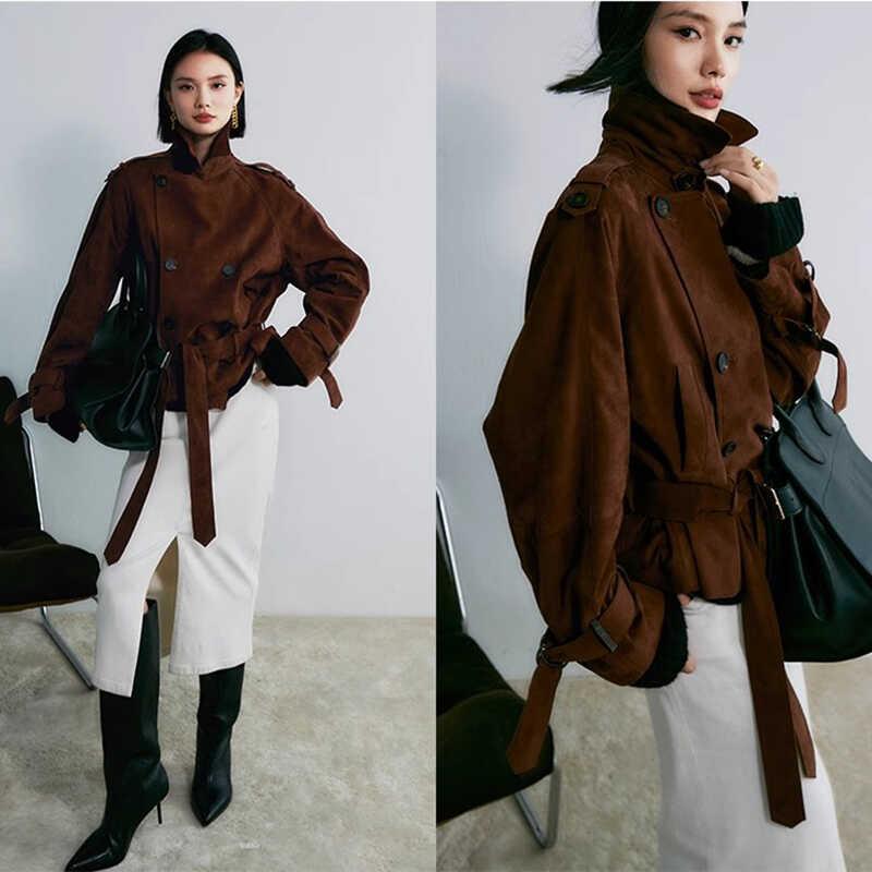 本革 スエード リアルレザー ショート丈 ジャケット ブルゾン ライトアウター 上着 春秋物 新作 小柄な..