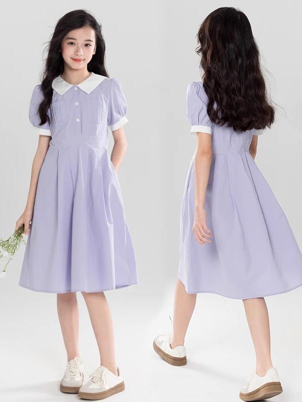 ガールズ 女の子 ジュニア 夏物 サマー 半袖 ポロ襟 ポロカラー スクール風 制服風 シャツワンピース ドレス ミディ丈 ミドル丈 中学生 小学生高学年