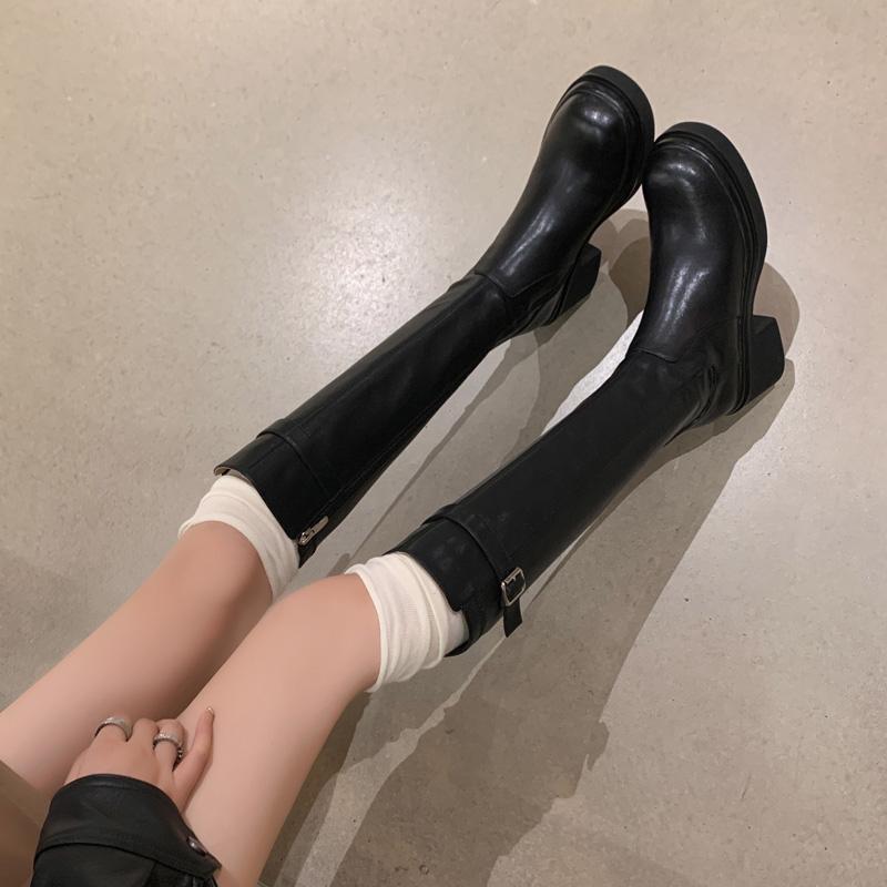 インスタ映え抜群 一目惚れ級 圧倒的な美脚効果 脚長効果絶大 本革 リアルレザー 厚底 プラットフォーム ブラック 黒色 騎士ブーツ ライダーブーツ レディース 女性用 小柄女性向け ロングブーツ 長靴 高ヒール ハイヒールブーツ