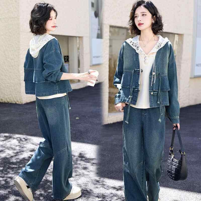 新中華風 モダンチャイニーズ デニム セットアップ レディース 女性用 秋物 新作 おしゃれ カジュアル 若見え フード付きパーカー ショート丈ジャケット ワイ...