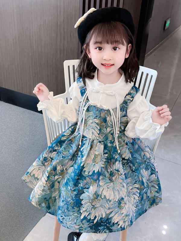 女の子 女児 ベビー ガール 春秋物 春物 秋物 新作 チャイナ風 中国風 中華風 飾り結びボタン 盤扣 ブラウス シャツ ジャンパースカート サロペットスカート ワンピース ドレス セットアップ 2点セット ツーピース