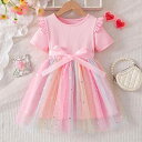 女児 子供 ベビー 幼児 夏 サマー おしゃれ 可愛い フリル袖 パフスリーブ チュール プリンセス お姫様 ドレス ワンピース レインボー 虹色 新作 誕生日 バースデー ガールズドレス