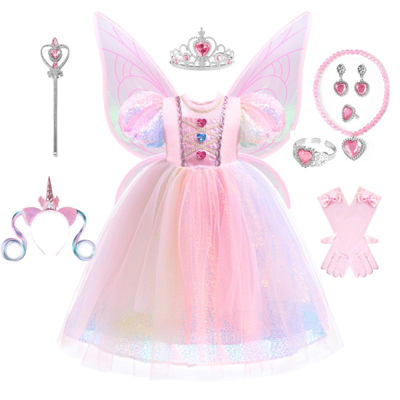 女の子 ガールズ ピンク ユニコーン プリンセスドレス お姫様ワンピース パフスリーブ 半袖 誕生日 バースデー 発表会 舞台 スパンコール キラキラ カラフル オーロラ姫 なりきり ドレス 衣装