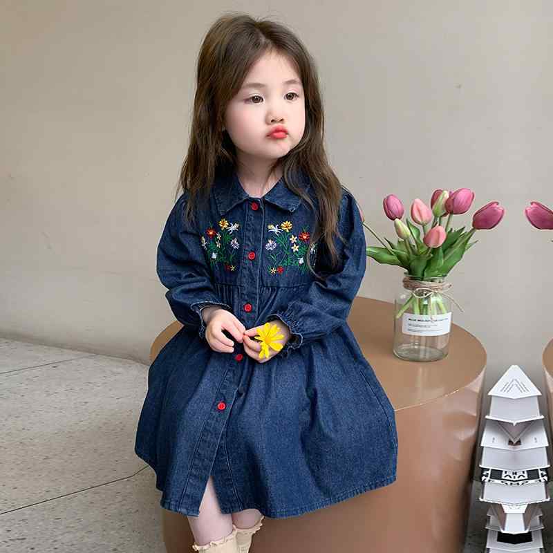 女児用 デニム ワンピース 春秋 春物 秋物 新作 おしゃれな プリンセス風 ドレス 女の子向け 幼児向け カジュアル 可愛い 小さな子供服 上品なロング丈