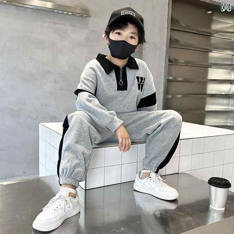 男の子の 春の セーター スーツ トレンド ブランド 2025 新しい 子供の スプライシング プラス ベルベット スポーツウェア 春秋 冬