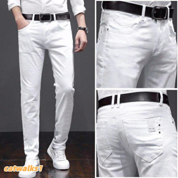 Skinny denim white jeans for men. Stretchable denim pants, business-appropriate, white trousers, perfect for summer and spring. Lightweight fabric.