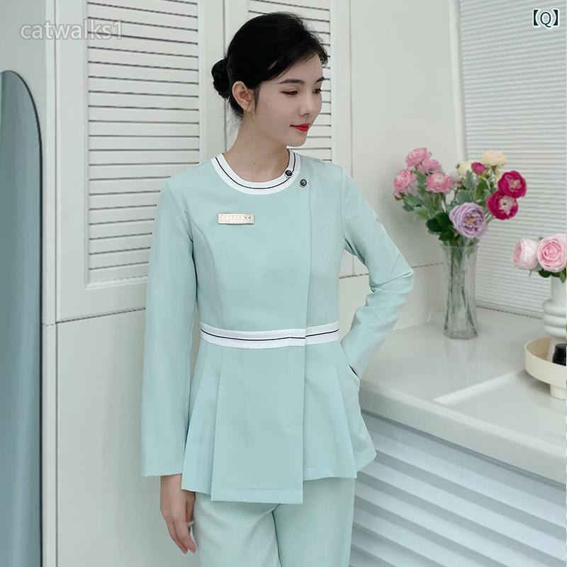 Catwalks 1 楽天市場店のユニフォーム 制服 おしゃれ シンプル かわいい 韓国 スプリット セット 半袖 七分袖 長袖 レディース 春夏 弾性 スリムフィット 歯科 エステ 美容 ケア｜アングル2