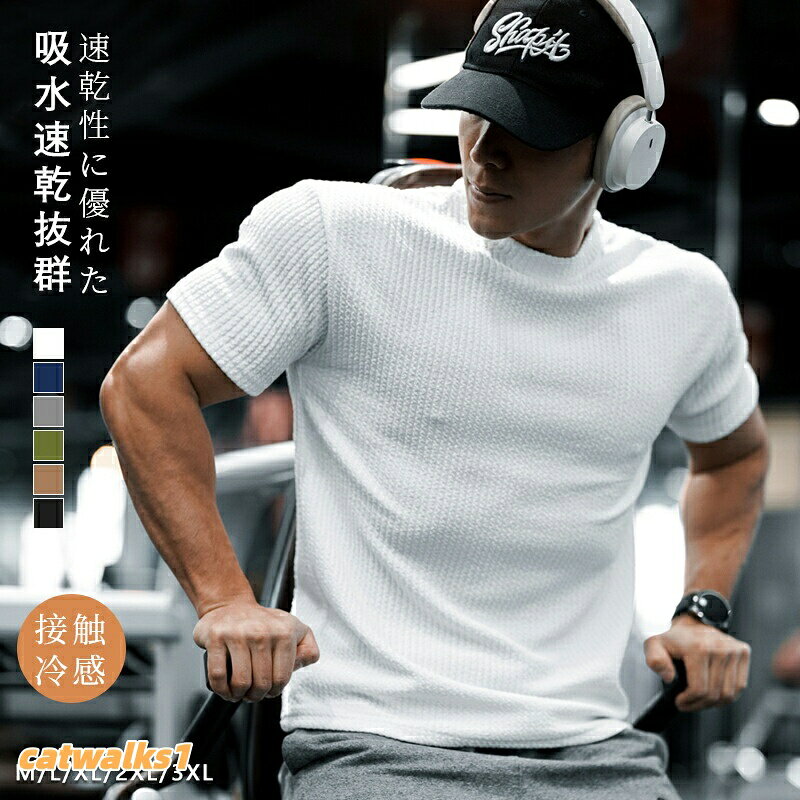 Tシャツ メンズ トレーナー 半袖 ニット 丸首 細身 カットソー インナー トレーニ...