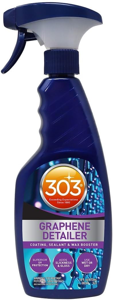 303Products ■303 グラフェン ディテイラー 30247 ■容量：16oz (約473ml) 303グラフェンナノスプレーコーティング(30237)のトップコーティング剤として最適。 　303グラフェンナノスプレーコーティング(NO.30237)との組み合わせ施工で抜群のコーティング性能を発揮します。 なめらかさと光沢が向上、保護強化、持続力UPのグラフェントップコートスプレーです。 303グラフェン以外のコーティング面、濡れた表面でも使用可能で優れたUVカット効果も付与します。 ノンシリコンでボディ、クローム、ガラス、ホイールなど外装すべてに使用可能です。 　なめらかさと光沢を向上 　ボディなどが 濡れていても施工可能 　塗装面、クローム、ガラス、プラスチック、ホイールに施工可能 　優れたUVカット効果 　最大90日間持続 -- 注意事項・必ずお読みください -- ■こちらの商品はメーカー取り寄せ商品です。メーカーでの長期欠品や生産終了などがあった場合は、ご注文をキャンセルさせて頂く場合がございます。お急ぎの方はご注文の前に在庫・納期の確認をお願いいたします。 ■画像はイメージです。安全性、機能性向上のために予告なく仕様変更される場合がございます。不良品以外の交換、返品はお受けできかねます。ご理解の上お買い求めください。 ■代金引換払いはご利用いただけません。代引でご注文頂いた場合は、キャンセルとさせて頂きますのでご了承ください。 ■北海道、沖縄、離島へは発送出来ませんでのご了承ください。ご注文の場合はキャンセルとさせて頂きます。 ■ご注文後お客様都合によるキャンセルは出来かねます。ご了承ください。