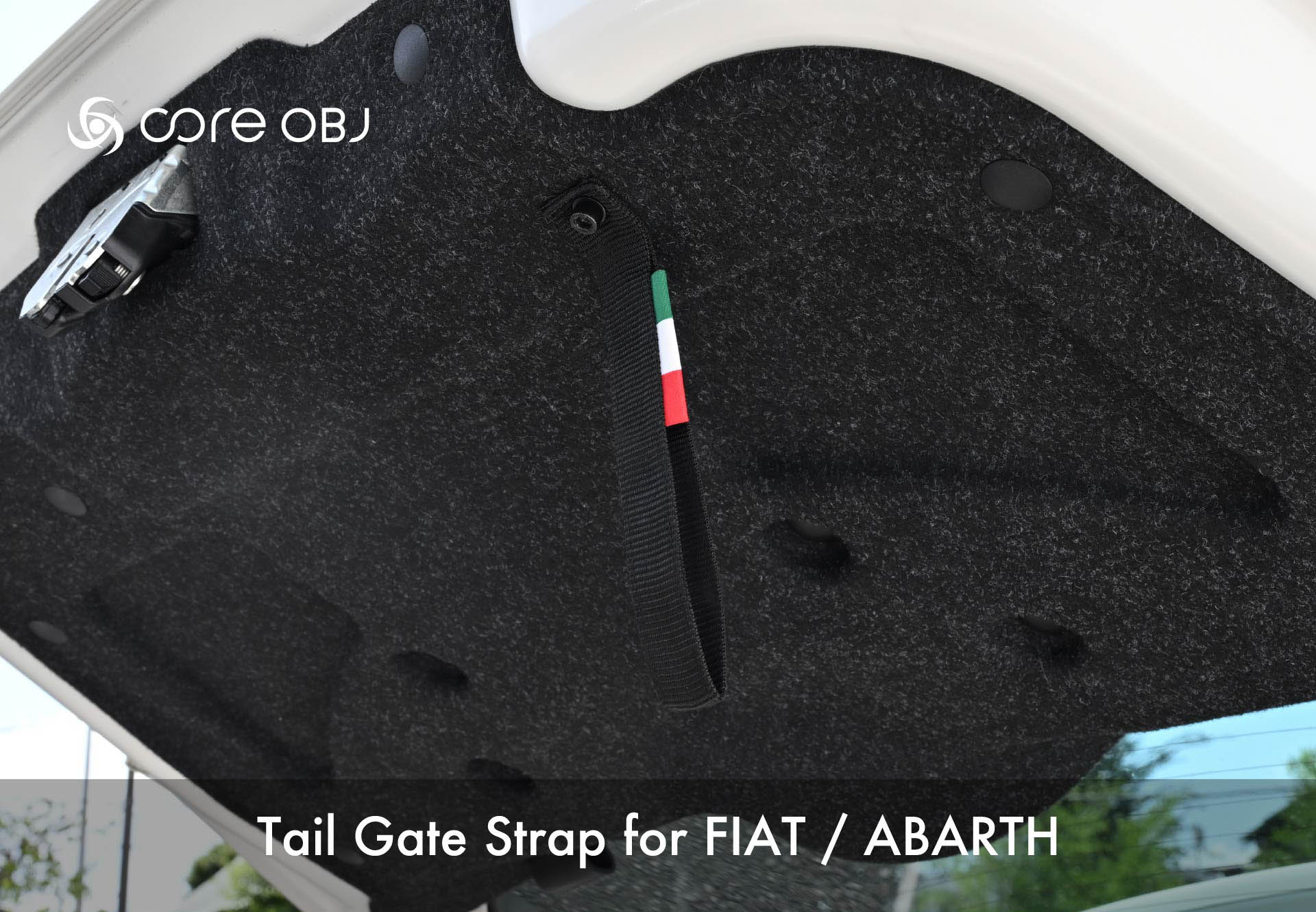 楽天6wheels LIFE新商品　フィアット500 アバルト500 595 695 用 テールゲートストラップ トリコロールタグ付き core OBJ Tail Gate Strap　ナイロン製 サイズ17cm 純正交換 おしゃれ イタリア国旗